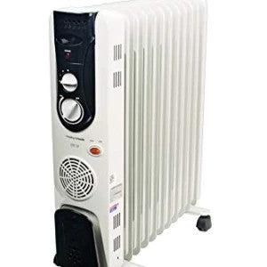 Morphy Richards OFR 11F 11-fin oil filled radiator in ivory, angled front view showing control knobs and fan grille