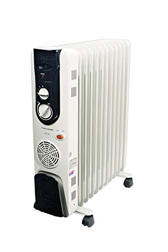 Morphy Richards OFR 11F oil filled radiator side view showing 11 fins, castor wheels and control panel