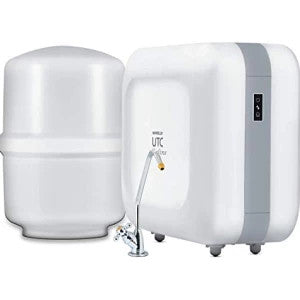Havells UTC Alkaline water purifier in white and grey with storage tank and chrome faucet