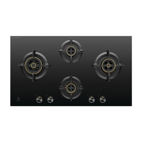 Electrolux EHG9430BCD 90 cm black glass built-in gas hob with four brass burners and front knobs, top view
