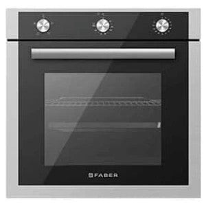 Faber FBIO 80 L 4F SS built-in oven front view with stainless steel frame, black glass door and three control knobs