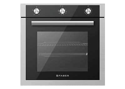 Front view of the Faber FBIO 80 L 4F SS built-in oven showing the handle, wire rack and Faber logo