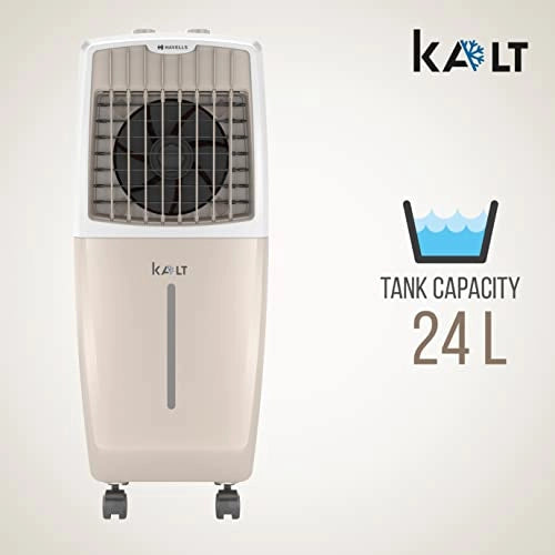 Havells Kalt 24 Litres Personal Air Cooler; Knob panel; 3 Side Honeycomb Pad, White - Champagne Gold