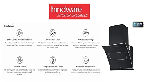 Hindware ESSENCE 90 Cm Kitchen Chimney, Auto Clean Motion Sensor Control Black 1350 M3/Hr (Touch Control, Lifetime Warranty)