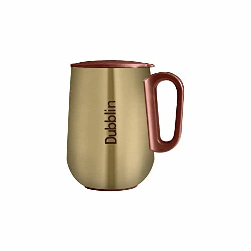 DUBBLIN Rugby Stainless Steel Unbreakable Tea Coffee Mug Double Wall Insulated with Handle and Lid, Wide Mouth Mug Keeps Beverages Hot & Cold 270 ML Golden