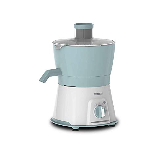 Philips HL7577/00 Viva Collection juicer in light blue and white, front view with speed dial and spout