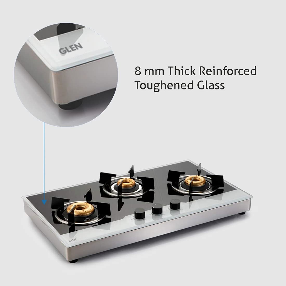 Glen 1073 FB BW AI FFD 3 Forged Brass Burner Glass Gas Hob Free Standing (Flame Failure Device)