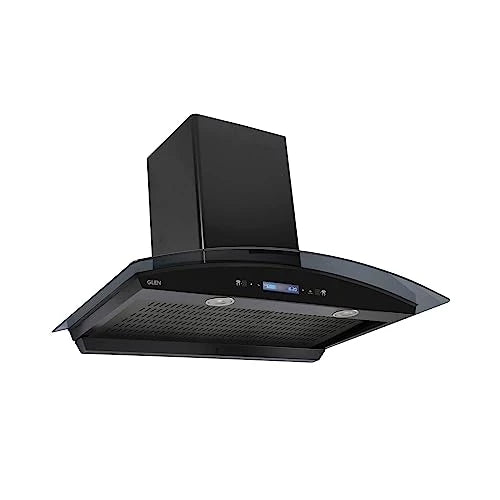 Glen 6061ACBL 76 cm black curved glass wall mount chimney, front three-quarter view