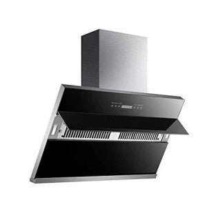 Kaff NOBELO TX DHC 90 slant kitchen chimney with black glass front and steel chimney body