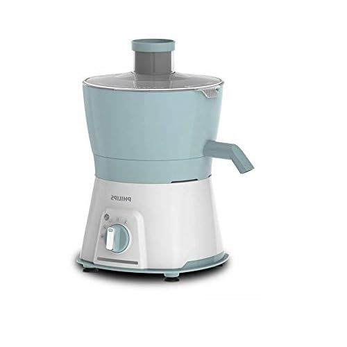 Philips HL7577/00 juicer in light blue and white, side view with spout on the right and control dial on the left