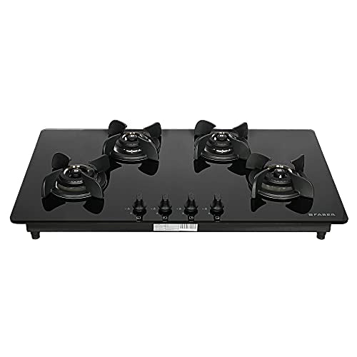 Faber Hob/Hobtop 4 Brass Burner Electric Auto Ignition, Glass Top (HOB ULTIMA PLUS HT904 CRS BR CI AI) - Black, 90 cm