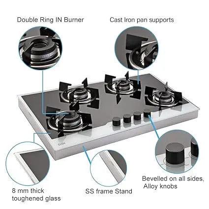 Glen 4 Burner Free Standing Glass Gas Hob with Italian Double Ring Burners, Auto Ignition, Black & White (1074 FIN BW)