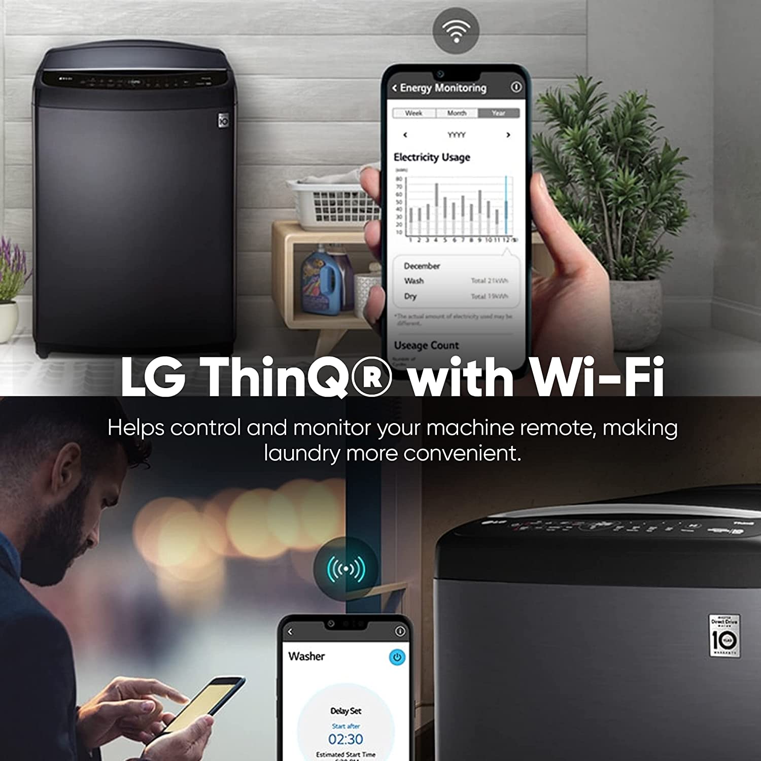 LG 10 Kg 5 Star Inverter Wi-Fi Fully-Automatic Top Load Washing Machine (THD10NWM, Middle Black, AIDD Technology)