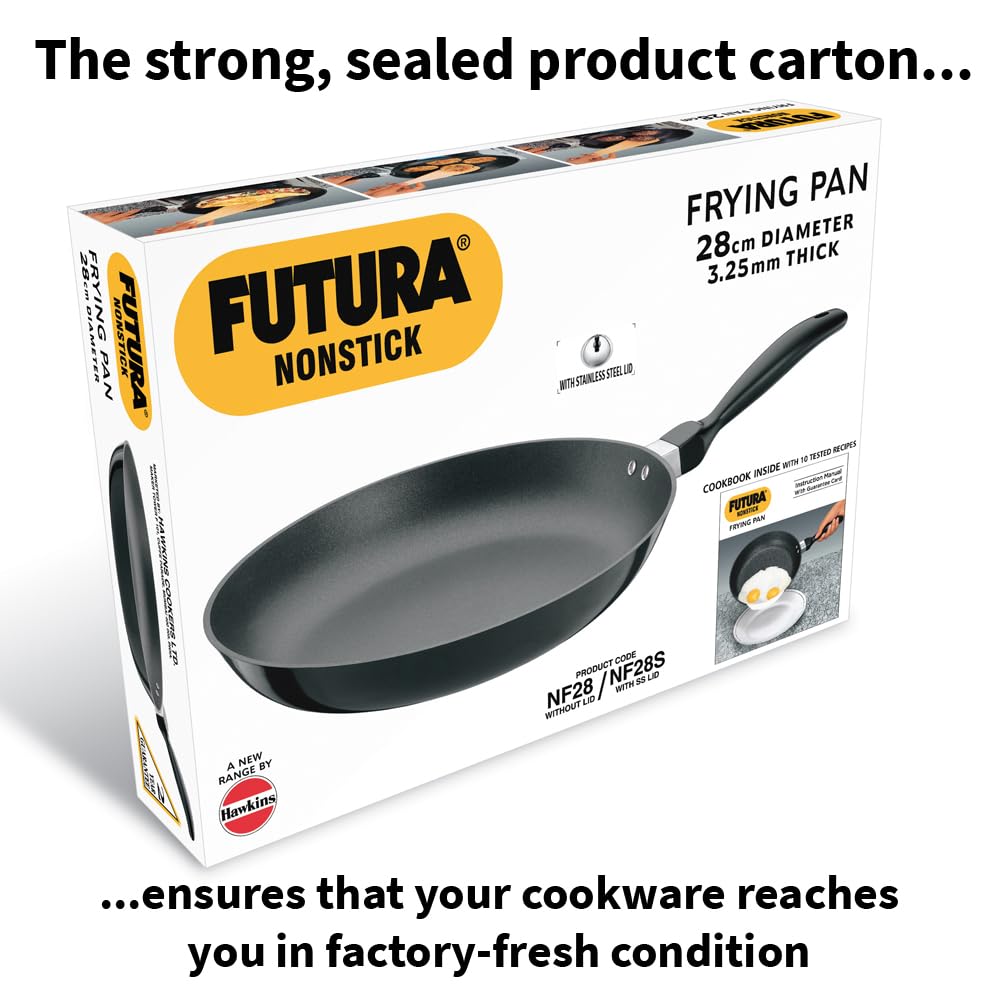 Hawkins Futura 28 cm Frying Pan, Non Stick Fry Pan with Stainless Steel Lid, Big Frying Pan, Black (NF28S)