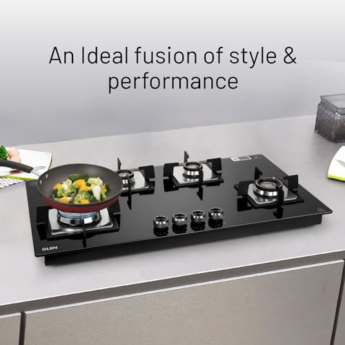 Glen 4 Burner Built In Glass Hob | Auto Ignition | 8 MM Toughened Glass | Black |Forged brass burners with double-ring flames | Warranty 2 Years Standard & 5 Years Glass |1094 XL SQ HT DB TR