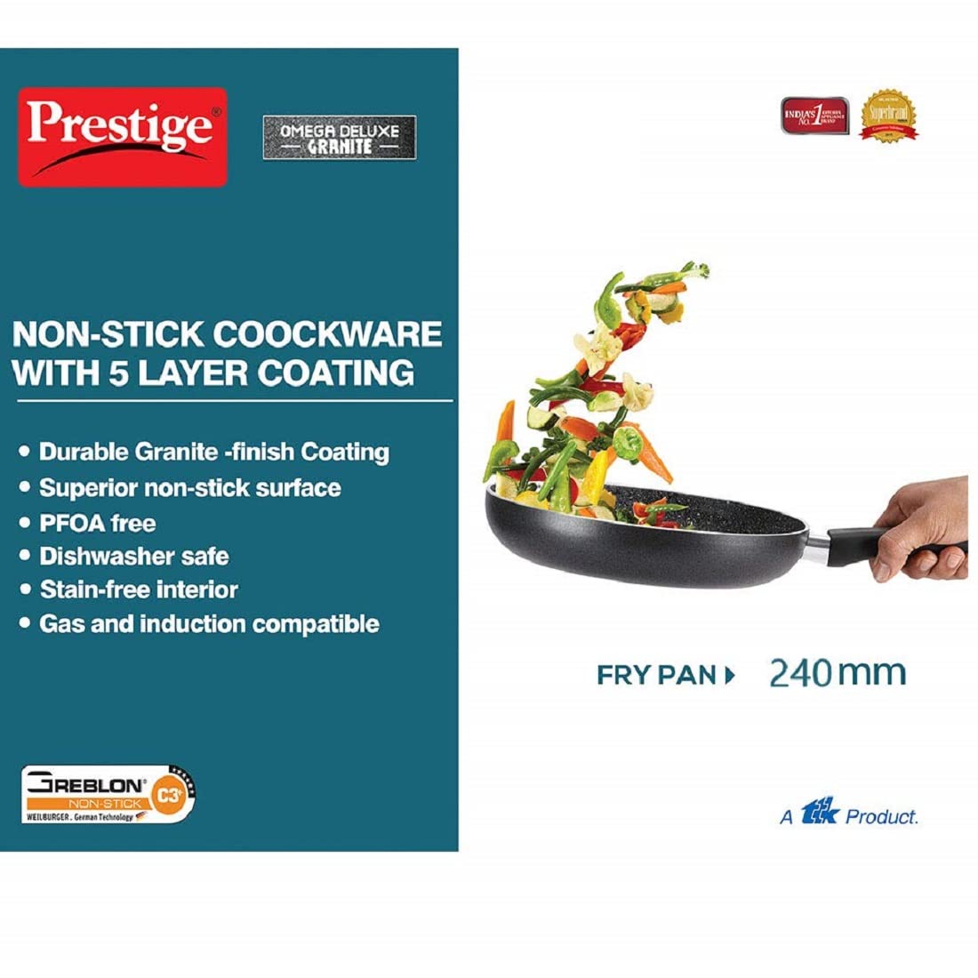 Prestige Omega Deluxe Granite Fry Pan, 240mm, Black (36305)