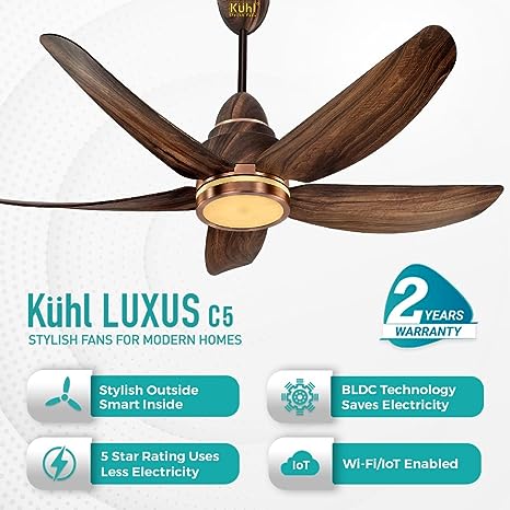 KUHL Stylish Fan Luxus C5 Teakwood| 5 Star Rated| BLDC Technology With Remote/Mobile/Alexa Control Reverse Mode