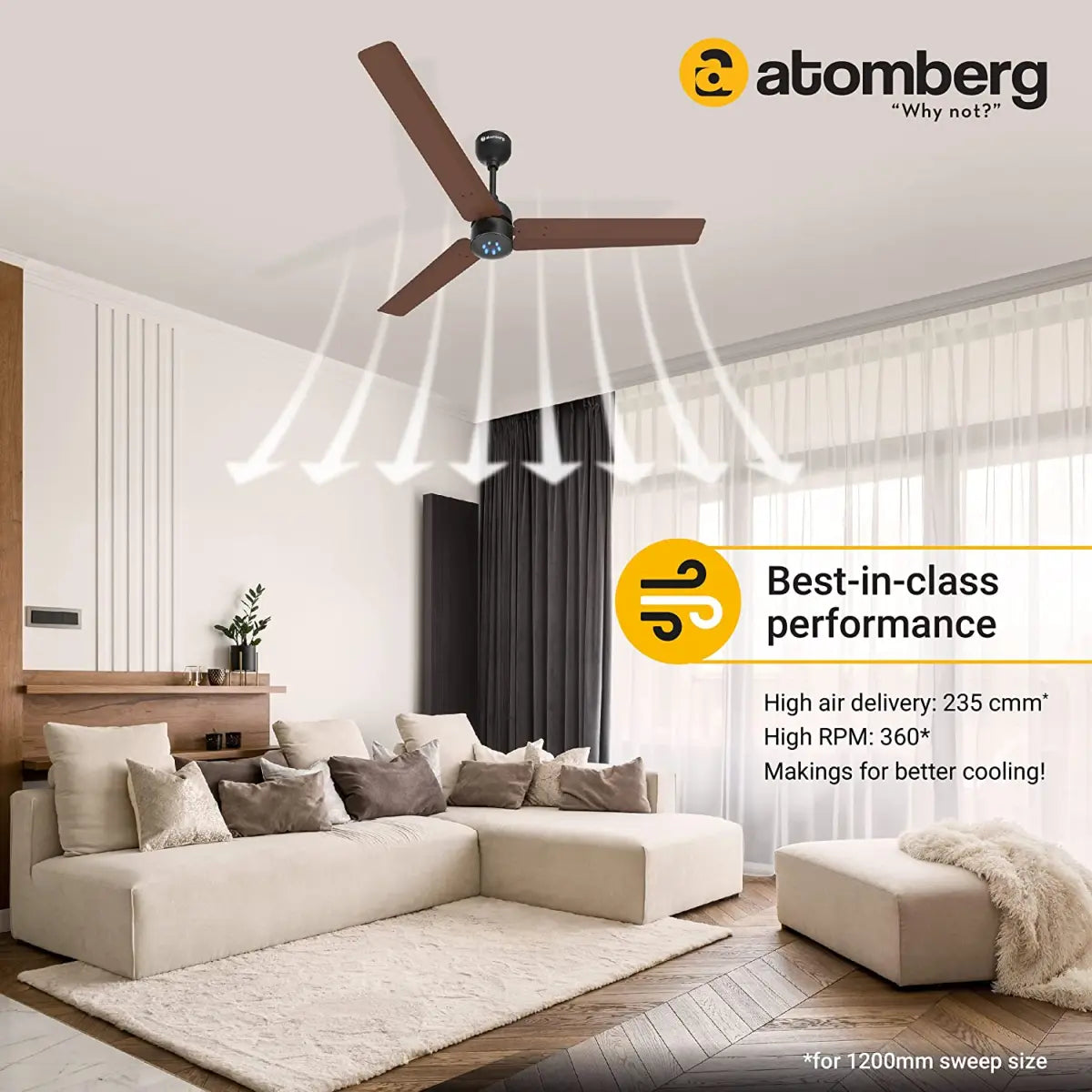 atomberg Renesa 1200mm BLDC மோட்டார் ரிமோட் 3 பிளேடு எனர்ஜி சேவிங் சீலிங் ஃபேன் (பழுப்பு மற்றும் கருப்பு) 