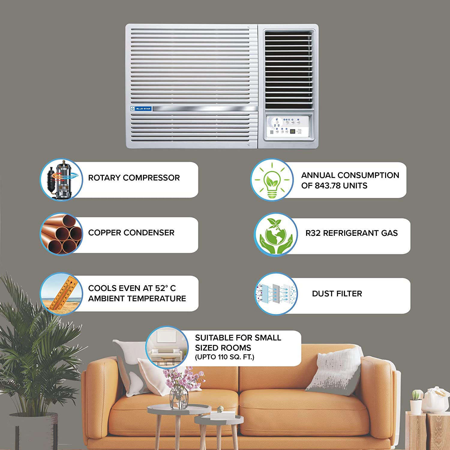 Blue Star 1 Ton 3 Star Fixed Speed Window AC (Copper, Turbo Cool, Humidity Control, Fan Modes-Auto/High/Medium/Low, Hydrophilic Blue Fins, Dust Filters, Self-Diagnosis, 2023 Model, WFA312LN, White)