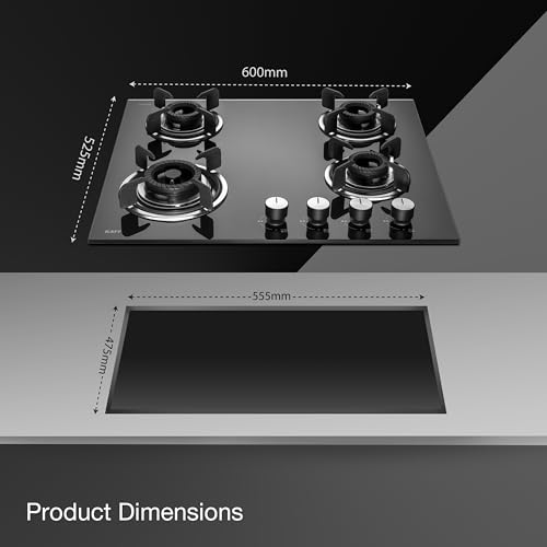 KAFF CRISTA CRH 604 Built-in Hob/Hobtop 4 Burners, Auto Electric Ignition Glass Top, 60 CM, Black Coated Tornado Style Burners, SS Drip Tray, 8 MM Thick Toughened Glass (Black)