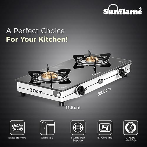 Sunflame Pride 2 Burner Gas Stove | 1 Medium and 1 Small Brass Burners | 2-Year Product Coverage by Sunflame | Ergonomic Knobs | Easy to Maintain l Toughened Glass Top | PAN India Presence