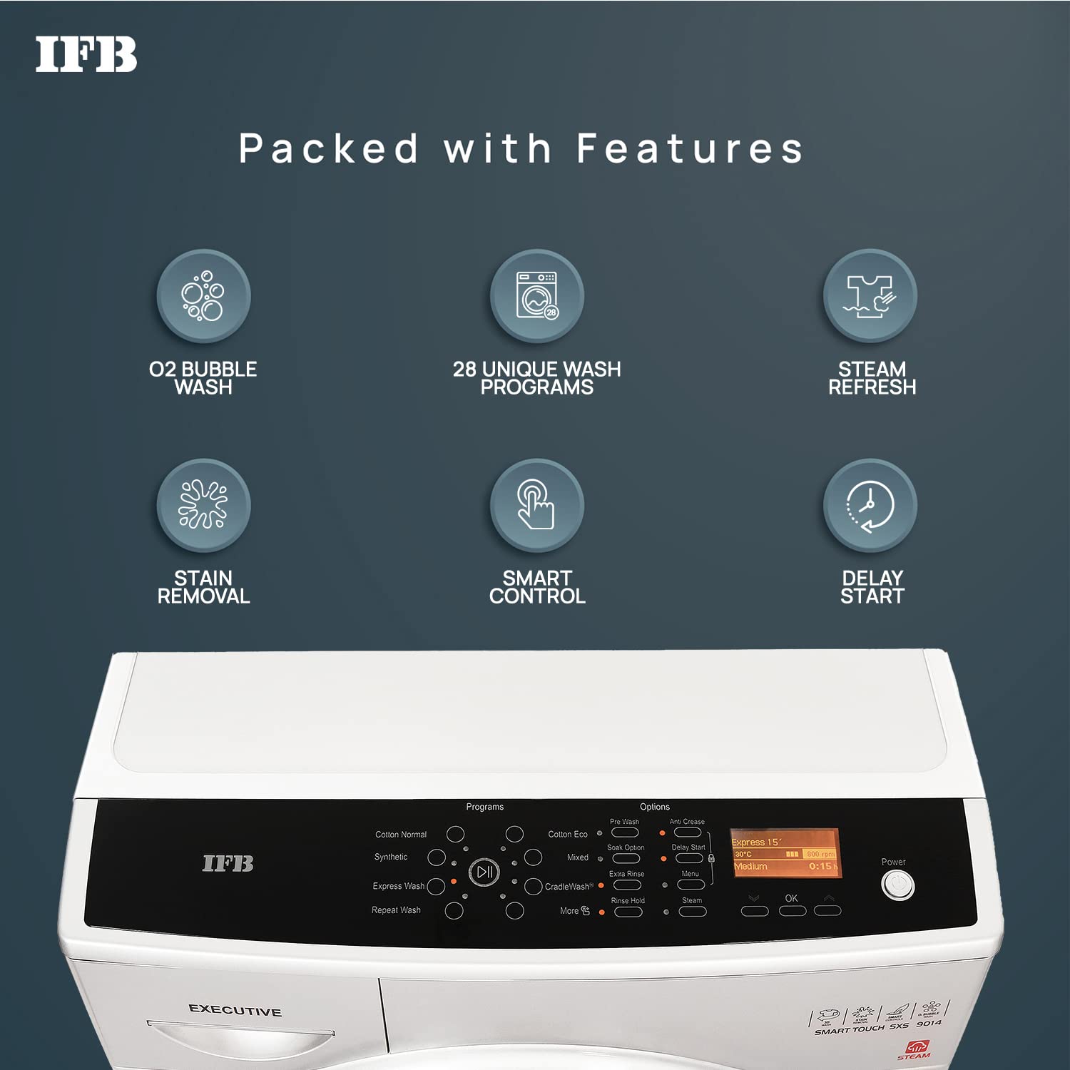 IFB 9 Kg 5 Star Front Load Washing Machine 2X Power Steam (EXECUTIVE SMART TOUCH SXS, Silver, O2 Bubble Wash, 4 years Comprehensive Warranty)