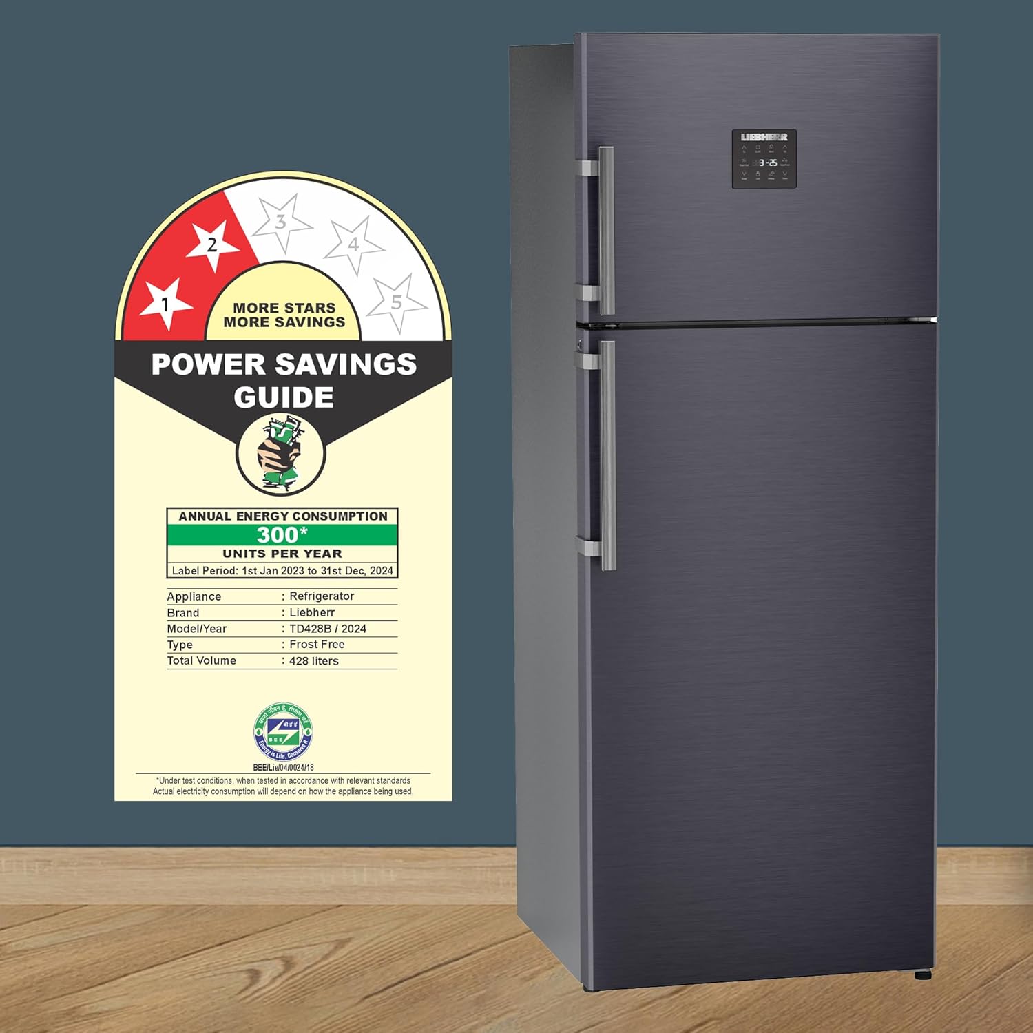 Liebherr 428L 2 Star Inverter Double Door Refrigerator with Hot to Cool Technology and Bar Handle, Frost Free, Easy Fresh, 20 Yr Compressor Warranty, 93 L Freezer, Vegetable Organiser, Cobalt Steel