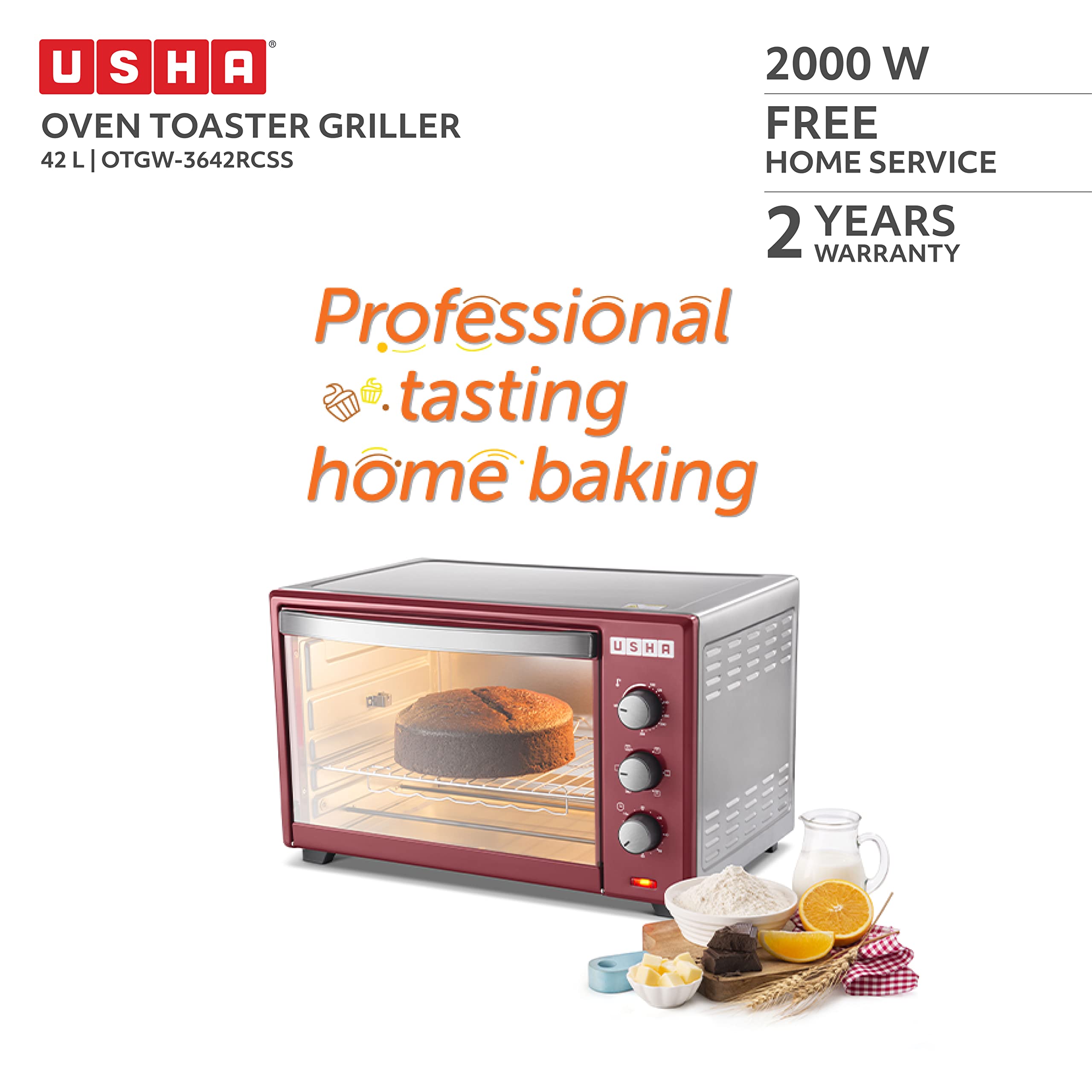 USHA 3642Rcss 42 Liters Oven Toaster Grill With Rotisserie And Convection, 2000 Watts, 6 Mode Heating Function (Stainless Steel & Wine)