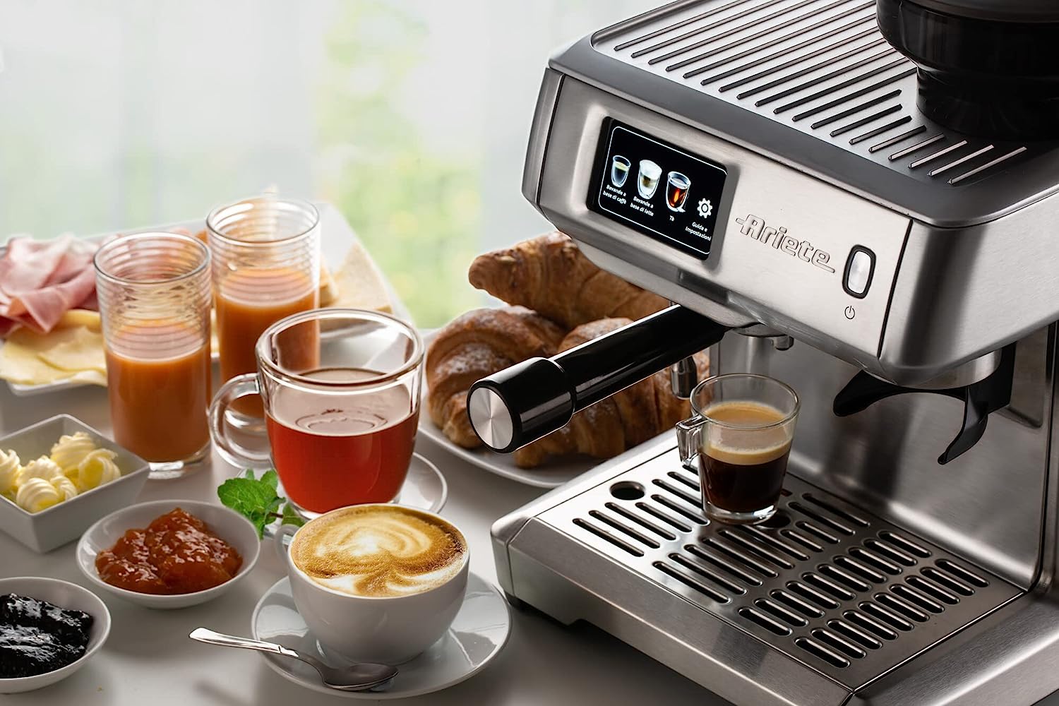 Ariete Metal Coffee Machine 1312, 1600 Watt, 15 Bar, 220 g Bean Capacity, Grinding Adjustment, Digital Display, ESE Pod Compatible, Maxi Cappuccino Device, Silver