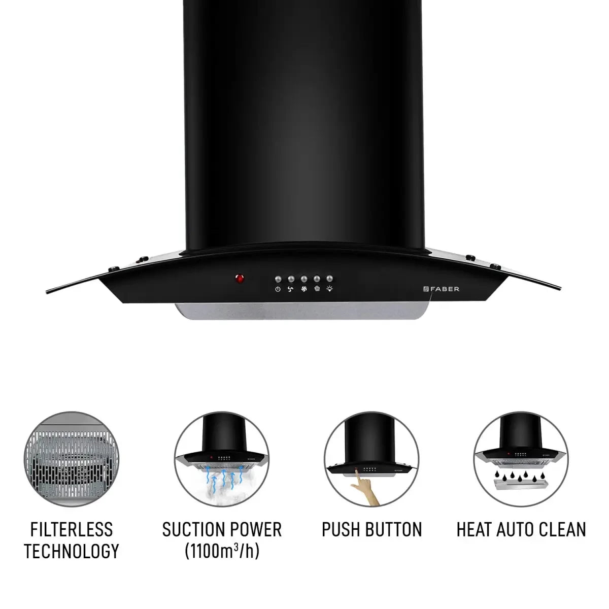 Faber 60 cm 1100 m3/hr Auto-Clean curved glass Kitchen Chimney (HOOD ACE PRO HC PB 60, Filterless technology, PB, BK)
