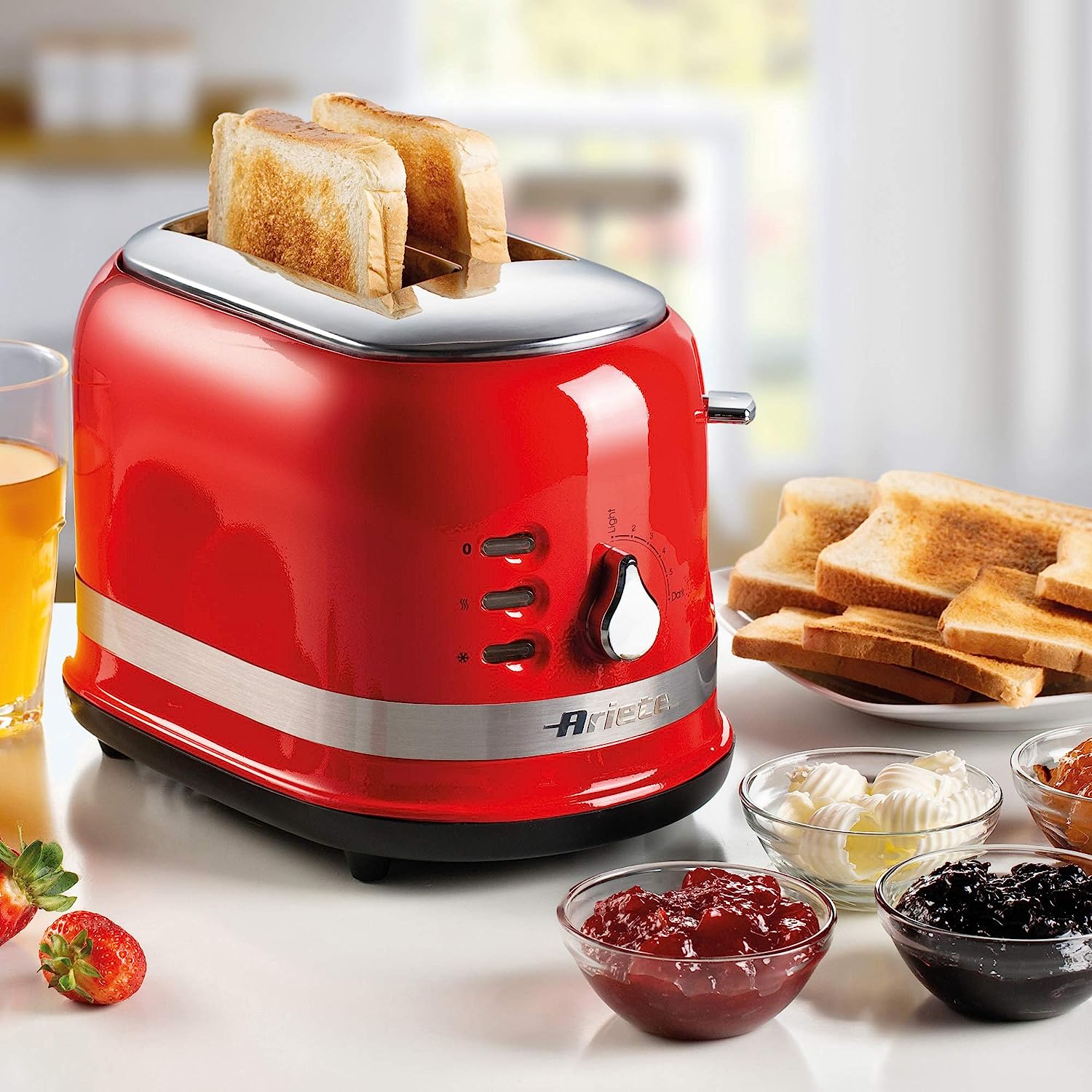 Ariete 0149B Moderna 2 Slice Toaster, Defrost, Heating & Cooking Function, Red