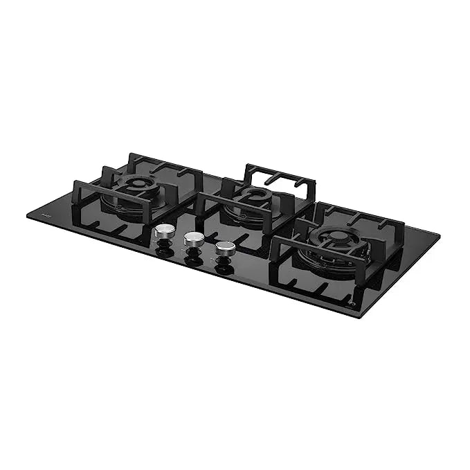 KAFF NVH 783 Built-in Hob, Series Milano, high-Efficiency hob with Full Brass Burners, Auto Electric Ignition, Designer metal knobs, Heavy duty Cast iron pan support, Black Tempered Glass