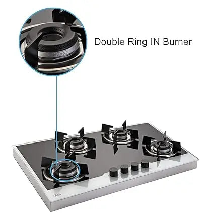 Glen 4 Burner Free Standing Glass Gas Hob with Italian Double Ring Burners, Auto Ignition, Black & White (1074 FIN BW)