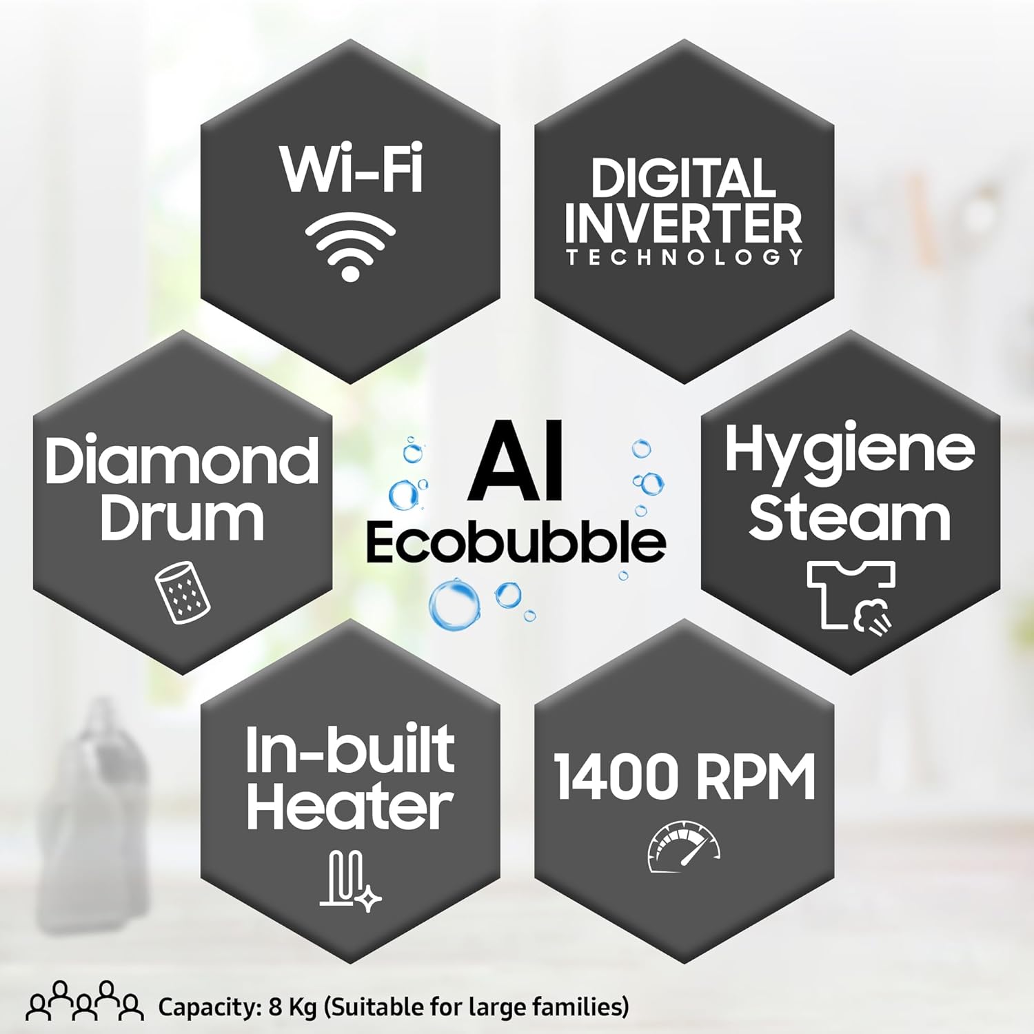 Samsung 8kg 5-Star AI Control Front Load Washing Machine (WW80T504DAX1TL) with AI Eco Bubble, Wi-Fi, Digital Inverter Motor