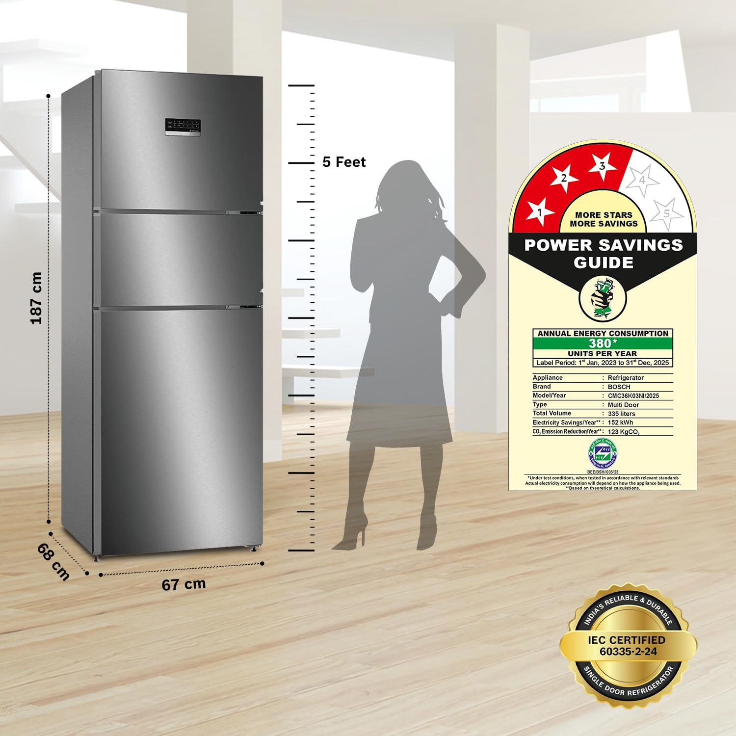 Bosch 335L Max Flex 3 Star 8-in-1 Convertible Vario Inverter Frost Free Triple Door Refrigerator Smoky Silver (CMC36K03NI)