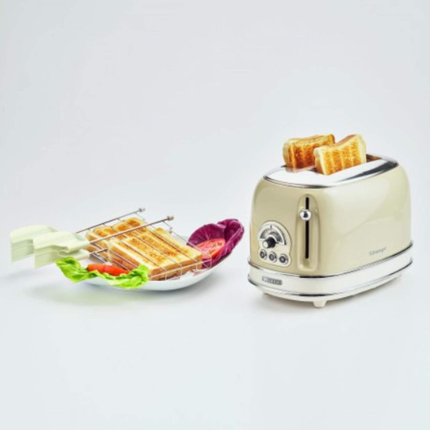 Ariete 155 Design Toaster 2 Slices With Tongs, 6 Toasting Levels, 810 W, Stainless Steel Body, Removable Crumb Tray, Pastel Beige