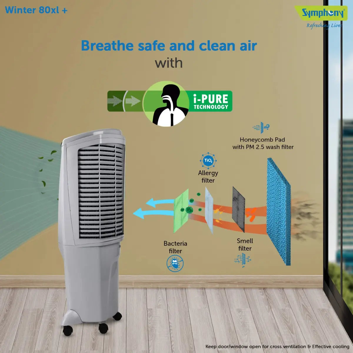 Symphony Winter 80 XL+ Powerful Desert Air Cooler 80-litres with Plus Air Fan (Grey)