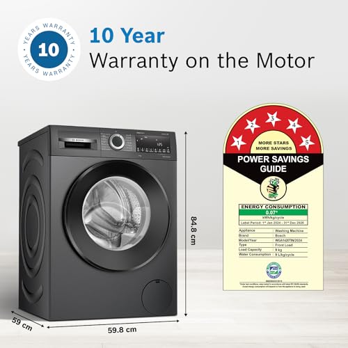 Bosch 9kg 5 Star Anti Stain & AI Active Water Plus Fully Automatic Front Load Washing Machine with Built in Heater (WGA1420TIN, Pretreatment & Steam with Anti Bacteria and 5 Star Inverter, Bl