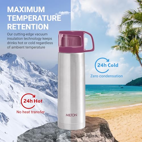 Milton Glassy 750 Thermosteel 24 Hours Hot and Cold Water Bottle with Drinking Cup Lid, 750 ml, Pink | Leak Proof | Office Bottle | Gym Bottle | Home | Kitchen | Hiking | Trekking | Travel Bo