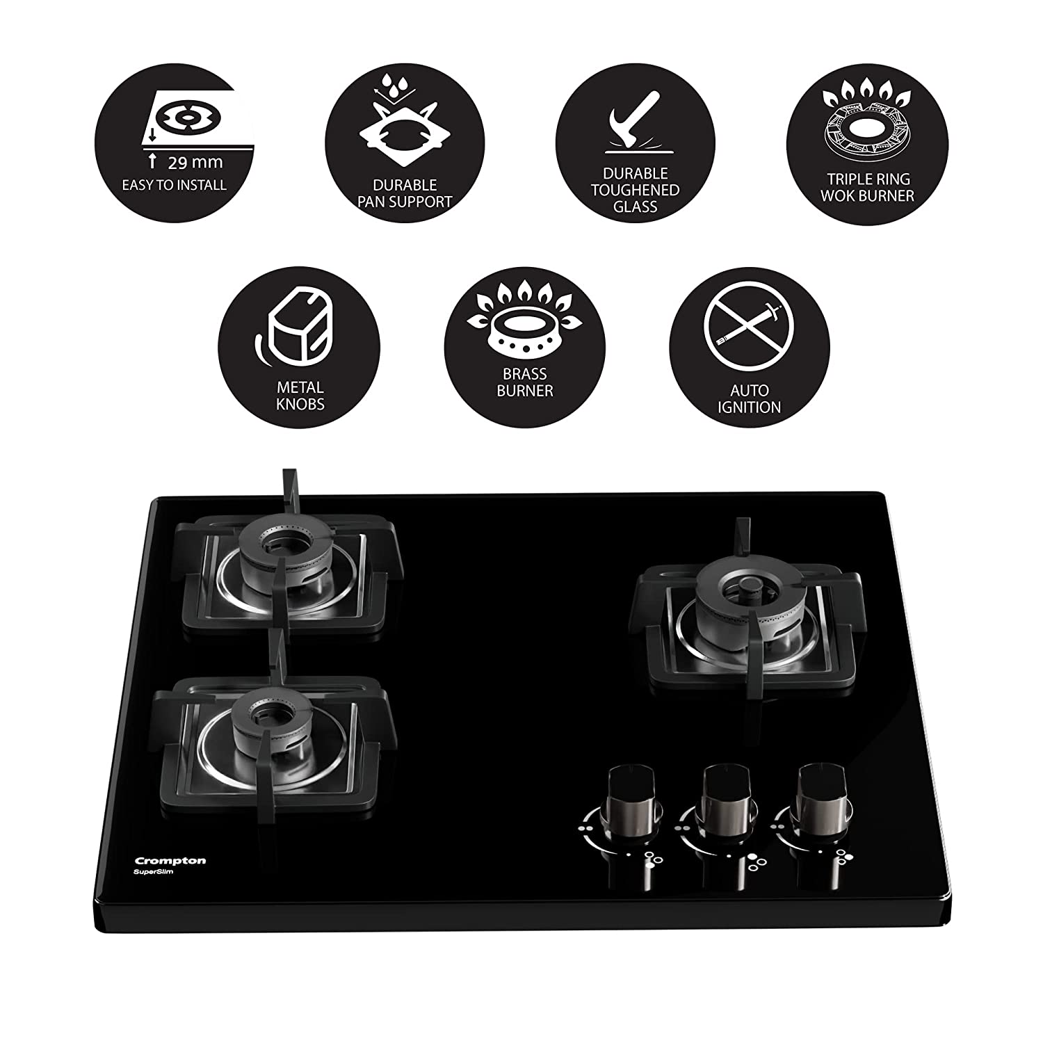 Crompton TAB-SUHB603-MBL Super Slim Gas Hob 60cm 3burner AI