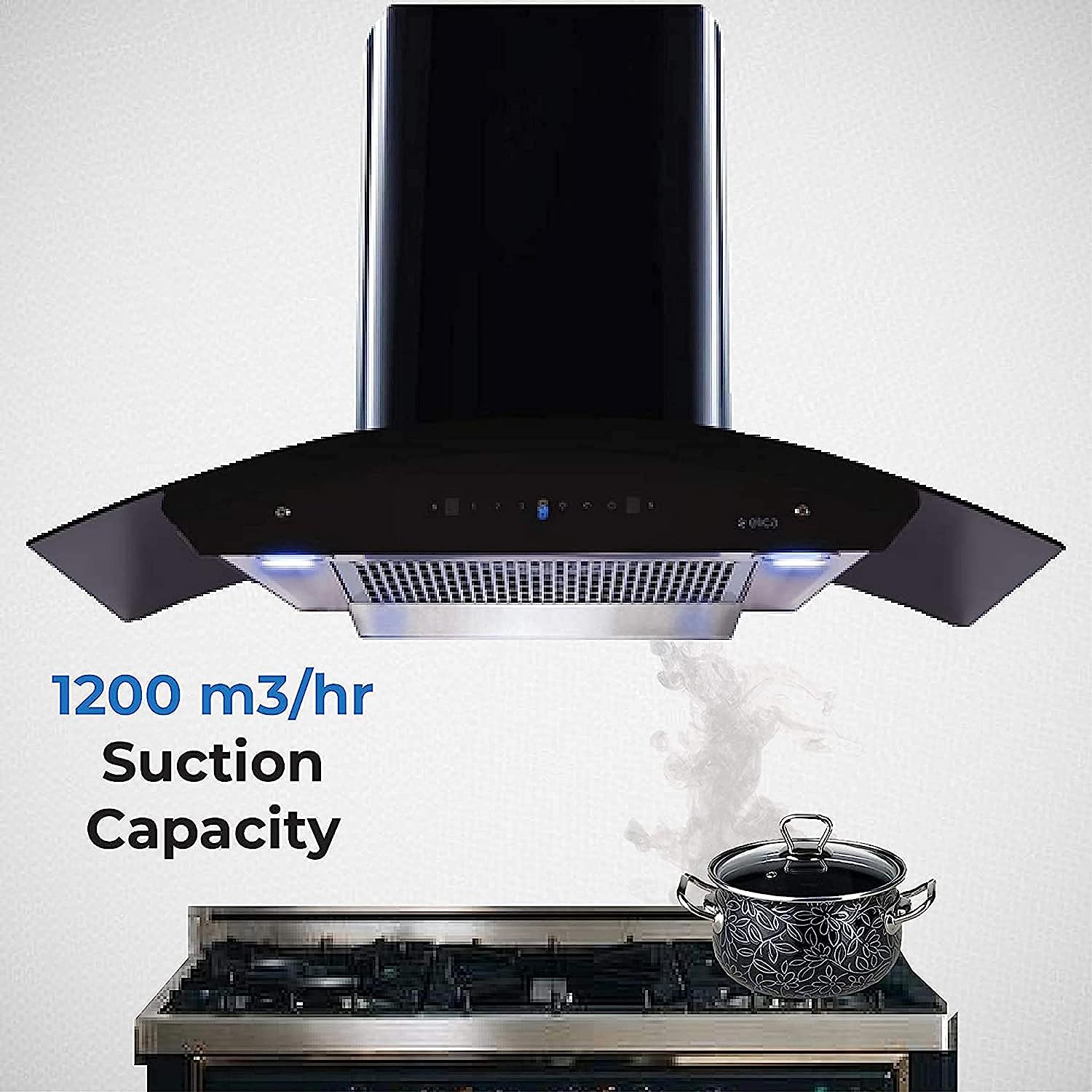 Elica 90 cm 1200 m3/hr Filterless Auto Clean Chimney with Free Kit (WDFL HAC TOUCH 90 MS, Touch + MS Control, Black)
