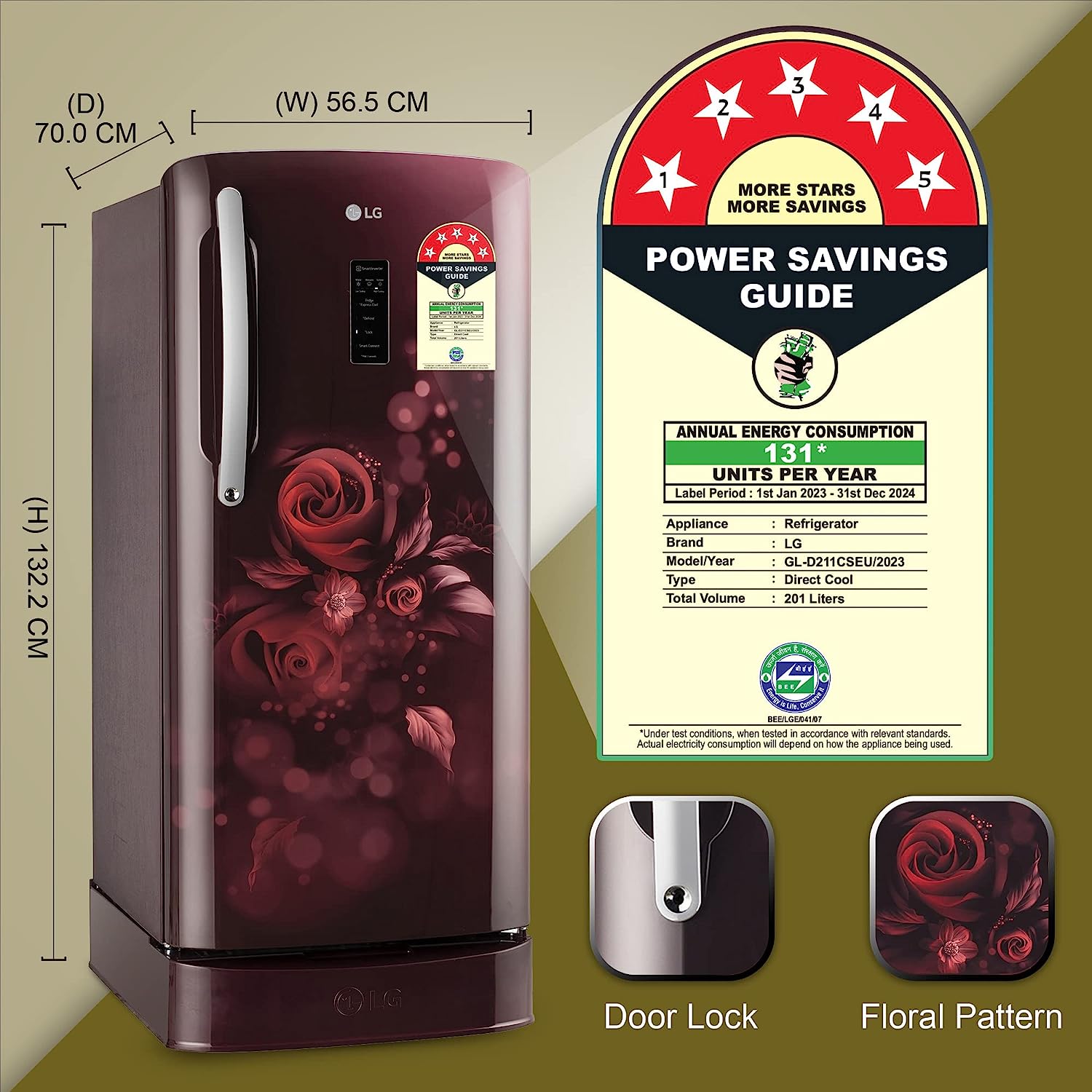 LG 201 L 5 Star Inverter Direct-Cool Single Door Refrigerator (GL-D211CSEU, Scarlet Euphoria, Base stand with drawer)