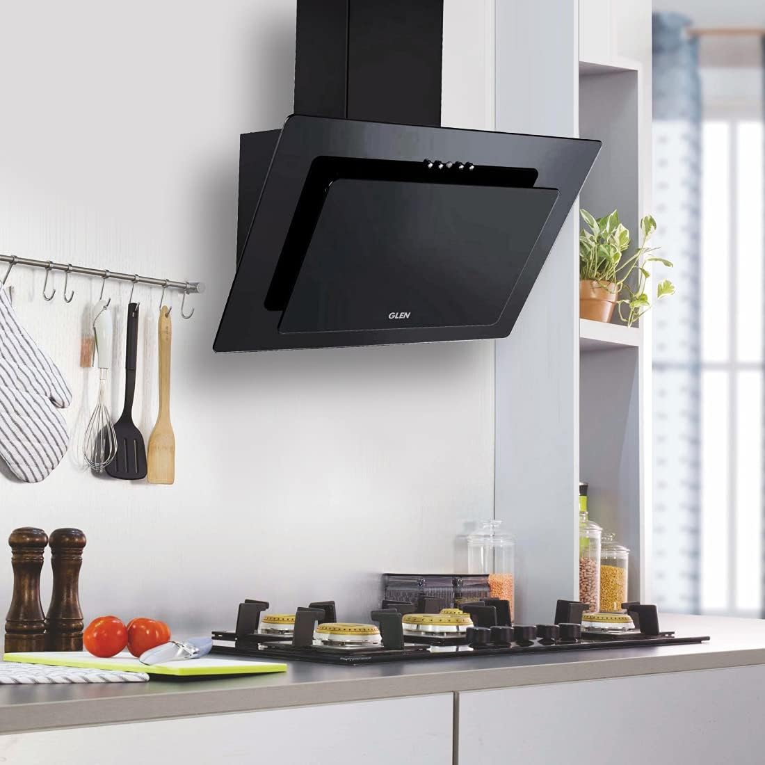 Glen Designer Ductless Black Glass Glass Chimney 60cm 6079 Push Button