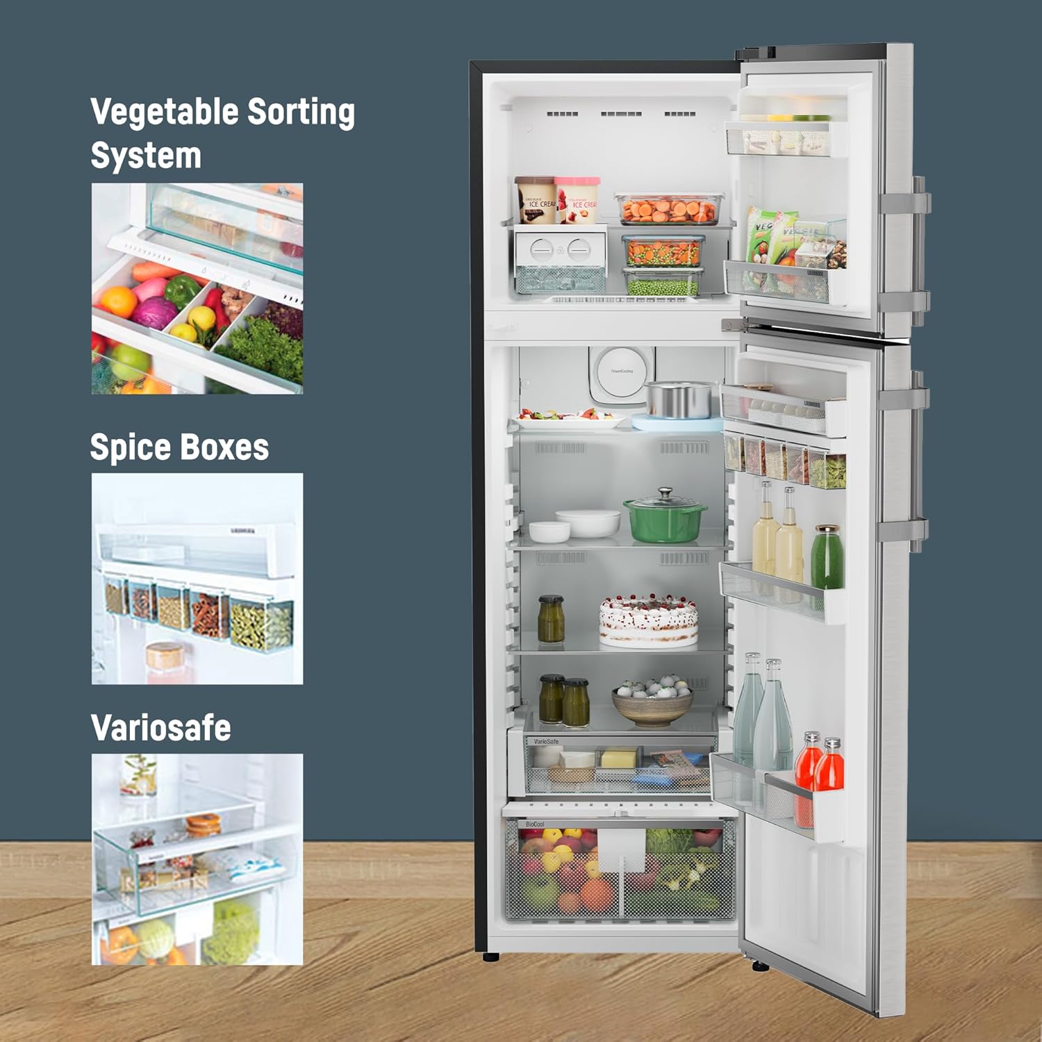 Liebherr 316L 2 Star Inverter Hot/Cool Lever Handle Frost Free Double Door Fridge, Duo Cooling, 20 Yr Warranty, Freezer 67L, Veg Organiser, Stainless