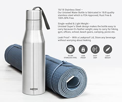 MILTON Super 1000 Stainless Steel Water Bottle, 1000 ml, Silver | Leak Proof | Office Bottle | Gym Bottle | Home | Kitchen | Hiking | Treking Bottle | Travel Bottle