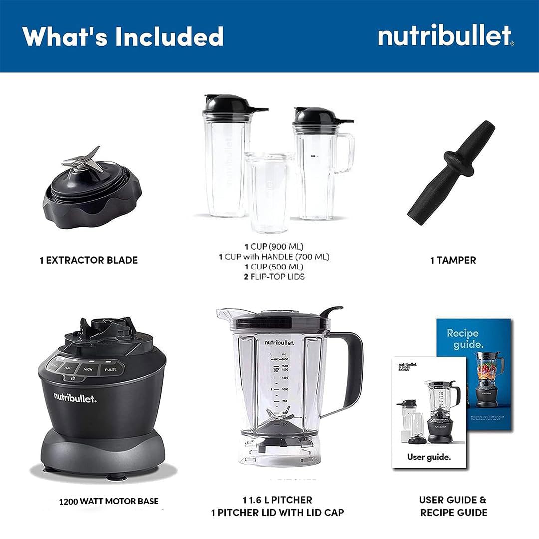 Nutribullet 1200W Combo Blender Mixer: The Ultimate Kitchen Appliance for Blending, Grinding, and Processing - Includes 3 Unbreakable Jars, 1.8L Pitcher, and Tamper - The Original Nutribullet