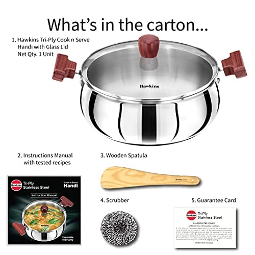 Hawkins 5 Litre Cook n Serve Handi with Glass Lid, Induction Compatible Tri-Ply Stainless Steel Cookware, Cooking Pot, Saucepan, Silver (SSH50G)