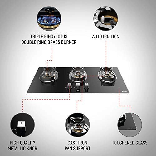 Faber Hob/Hobtop 3 Brass Burner Auto Electric Ignition,Glass Top (Nexus IND HT803 CRS BR CI AI) Black
