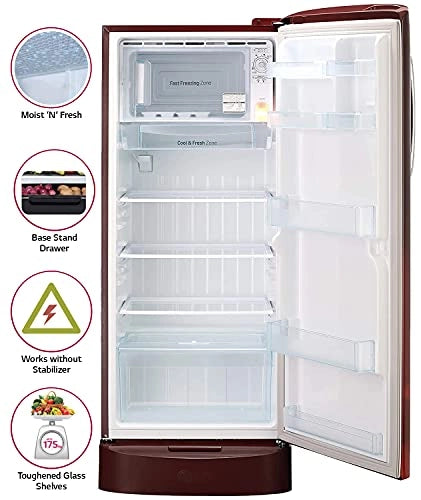 LG 235 L 4 ஸ்டார் இன்வெர்ட்டர் டைரக்ட்-கூல் சிங்கிள் டோர் ரெஃப்ரிஜிரேட்டர் (GL-D241ASCY, ஸ்கார்லெட் சார்ம், டிராயருடன் கூடிய பேஸ் ஸ்டாண்ட்)