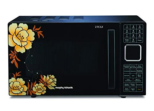 Front view of Morphy Richards 27CGF microwave oven showing floral door and control panel with menu keys